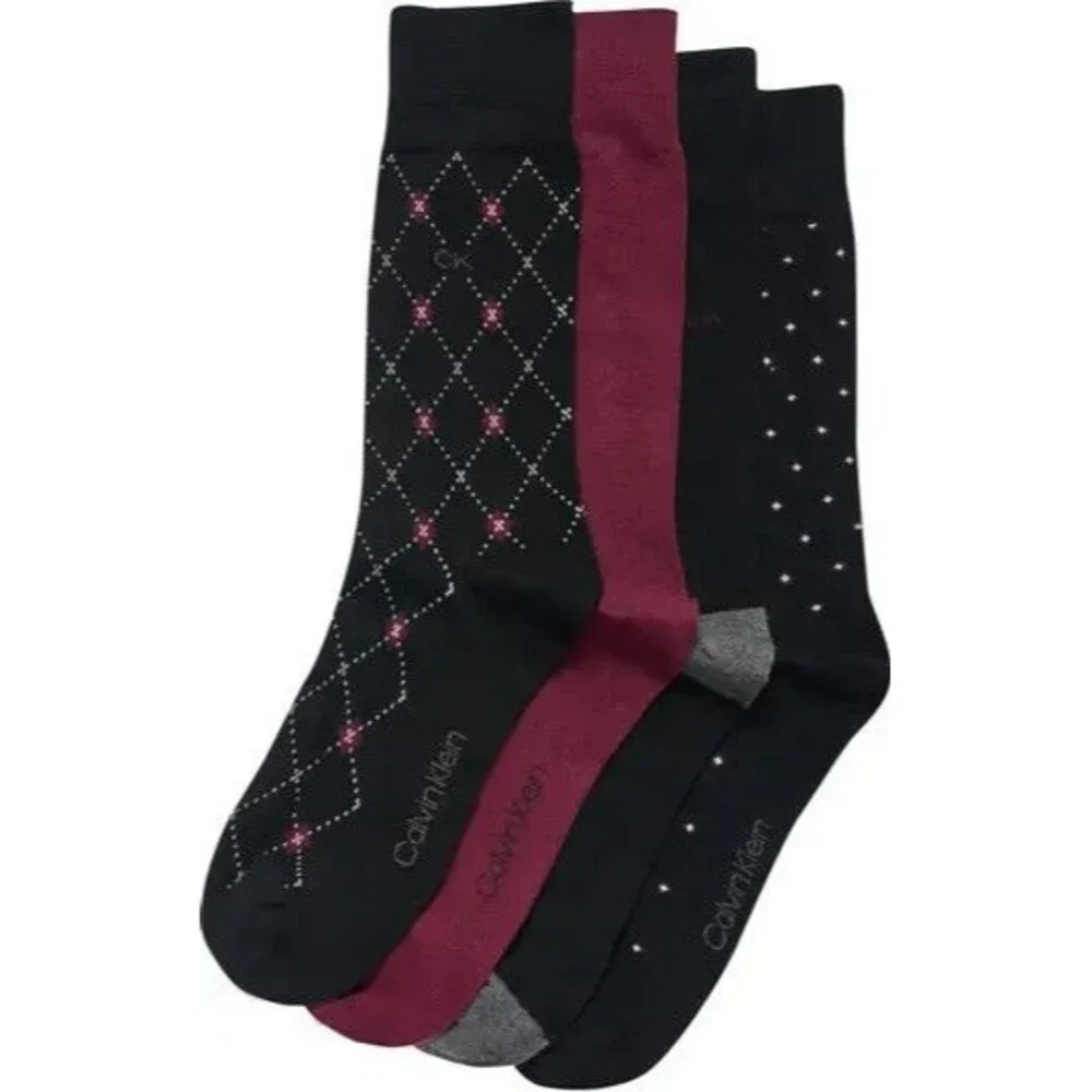 CALVIN KLEIN Crew Dress Socks Mens 4-Pack Black Argyle Micro Dot Solid Cotton